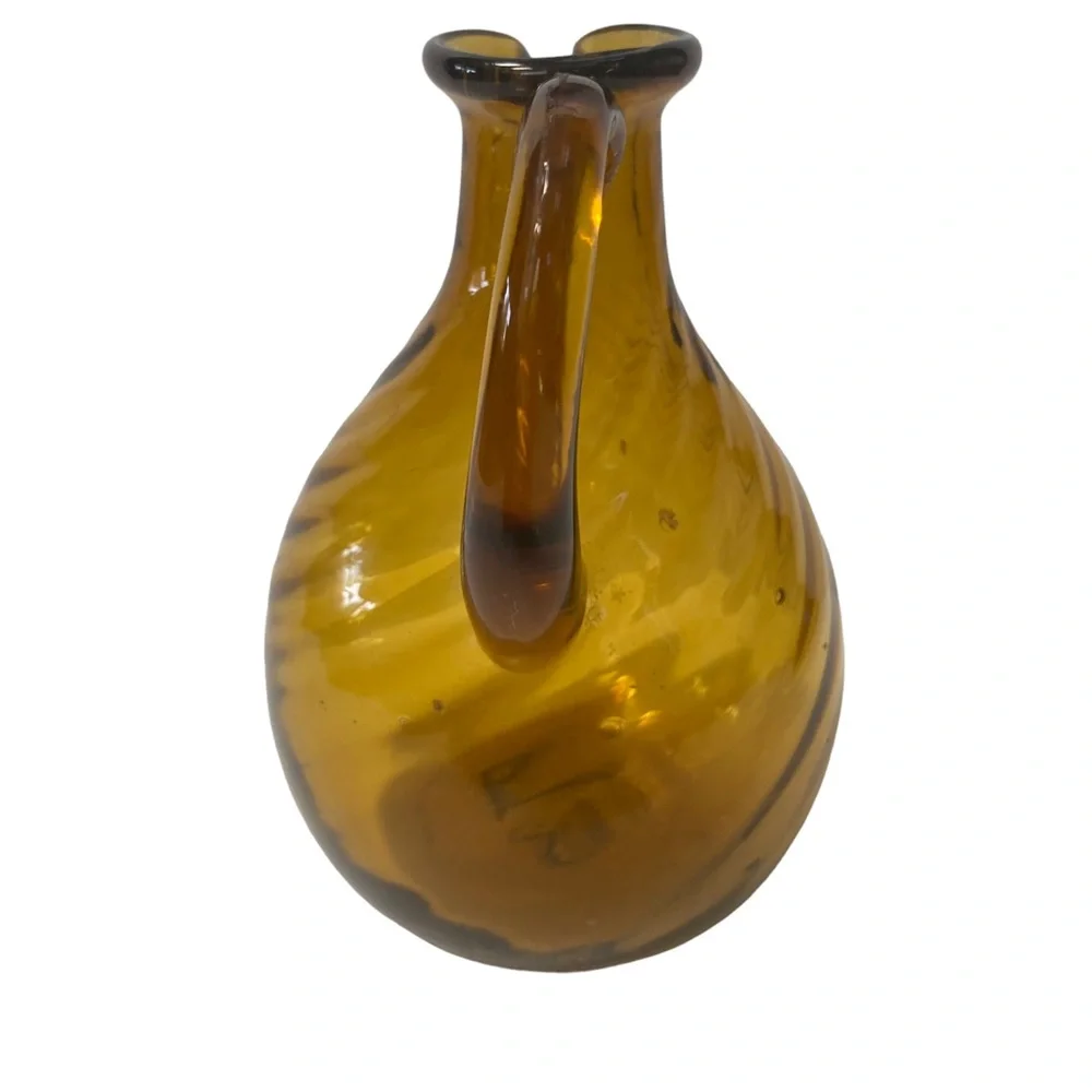 Small Vintage Handblown Swirl Amber Glass Jug Vase applied handle bubbles 4.5